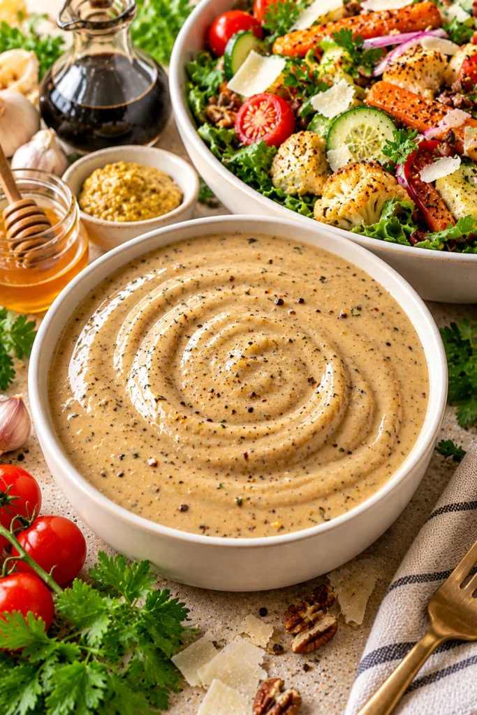Creamy balsamic dressing in a white ceramic bowl surrounded by mixed greens, cherry tomatoes, cucumber, roasted vegetables, Parmesan, balsamic vinegar, Dijon mustard, and honey.