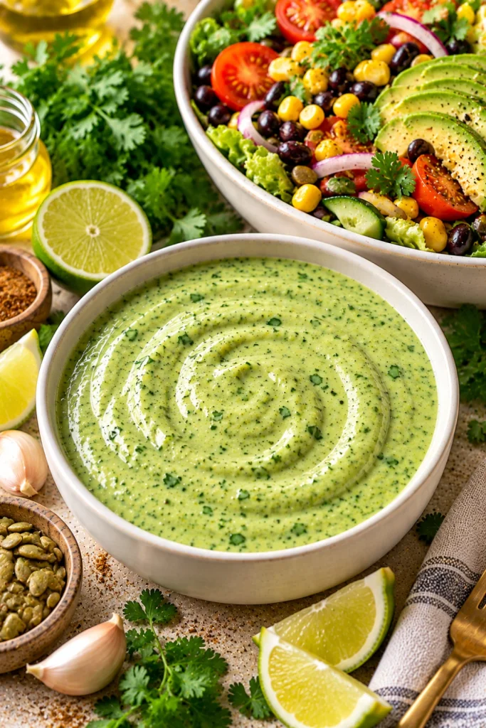 Creamy cilantro lime dressing in a modern bowl with fresh cilantro, lime wedges, garlic, cumin, mixed greens, corn, avocado, tomatoes, black beans, and crunchy vegetables.