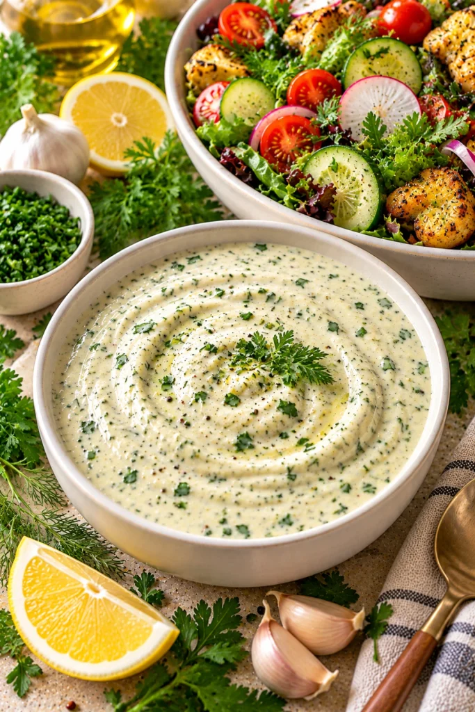 Creamy garlic herb dressing in a small ceramic bowl with parsley, dill, chives, lemon, garlic, leafy greens, cucumber, cherry tomatoes, roasted vegetables, and fresh herbs.