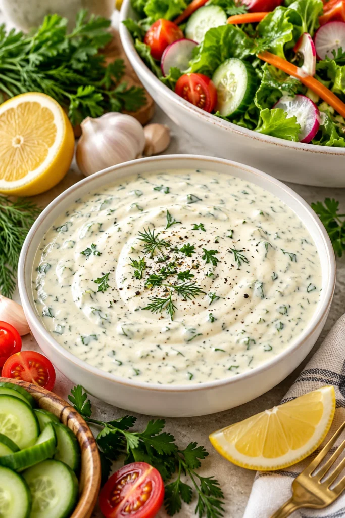 A creamy Greek yogurt ranch dressing in a small white ceramic bowl surrounded by fresh lettuce, cucumber, carrots, cherry tomatoes, dill, parsley, lemon, and garlic on a modern kitchen table.