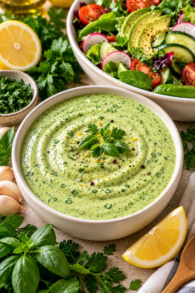 Creamy green goddess yogurt dressing in a small white bowl with parsley, basil, cilantro, lemon, garlic, cucumber, leafy greens, avocado, and colorful fresh vegetables.
