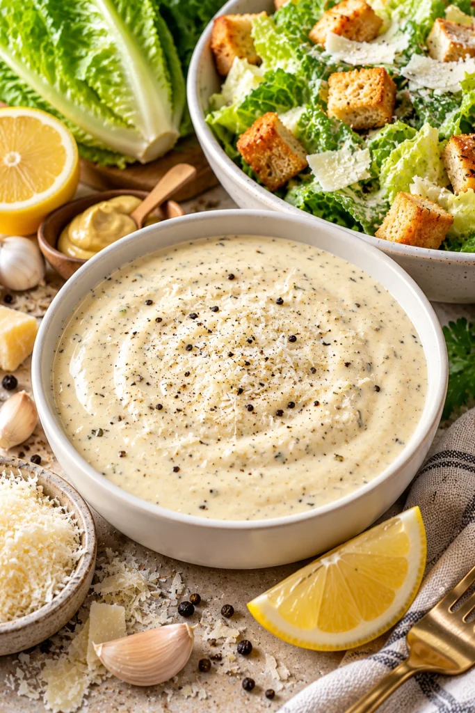 Lighter creamy Caesar dressing in a white ceramic bowl beside crisp romaine lettuce, Parmesan cheese, lemon, Dijon mustard, garlic, black pepper, and toasted salad toppings.