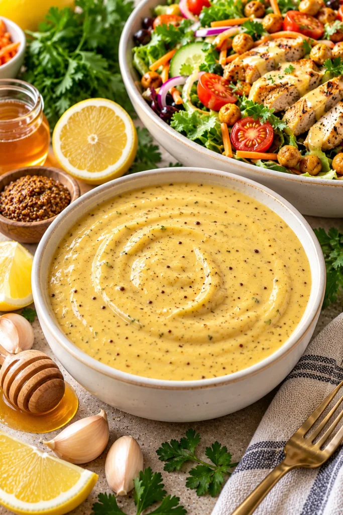 Creamy honey mustard dressing in a small ceramic bowl with Dijon mustard, honey, lemon, garlic, mixed greens, cucumber, cherry tomatoes, carrots, and grilled chicken salad ingredients.