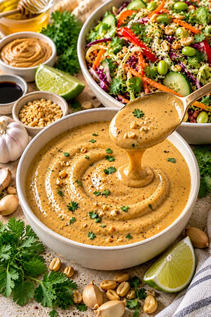 Creamy peanut salad dressing in a small bowl with peanut butter, lime, soy sauce, garlic, sesame oil, honey, cabbage, cucumber, carrots, cilantro, and crunchy salad vegetables.