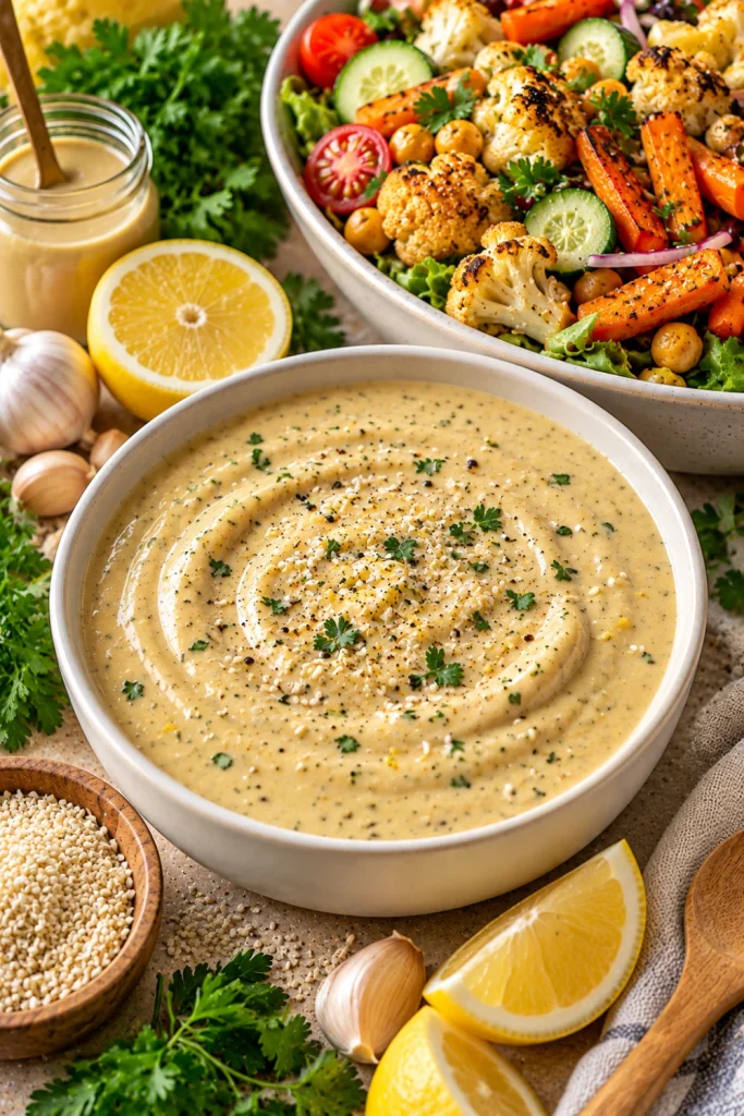 Silky creamy tahini lemon dressing in a small bowl surrounded by lemon wedges, sesame seeds, garlic, parsley, cucumber, roasted vegetables, chickpeas, and mixed salad greens.