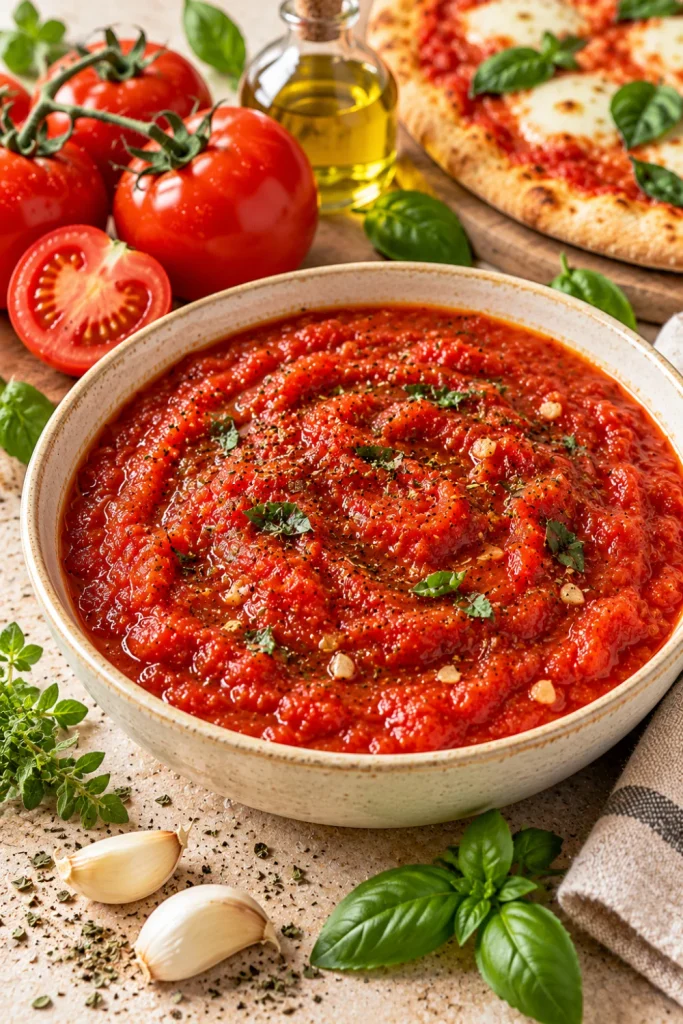 Easy homemade pizza sauce with fresh tomatoes, garlic, oregano, basil, and olive oil, showing a vibrant garden-fresh tomato sauce recipe made from scratch.