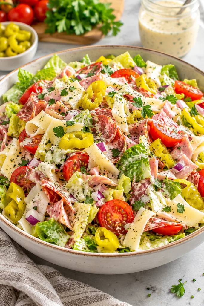 Easy Italian Grinder Chopped Salad for Quick Lunches with crisp chopped lettuce, deli meat, provolone, tomatoes, red onion, pepperoncini, and creamy Italian dressing.