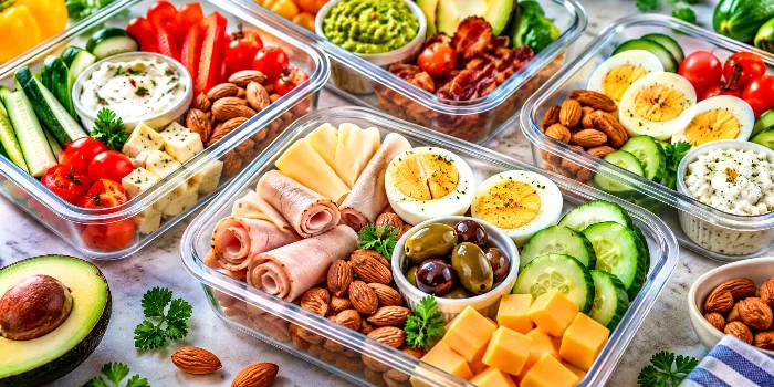 Easy keto snack box ideas for low-carb meal prep featuring turkey roll-ups, boiled eggs, cheese cubes, almonds, olives, cucumber slices, avocado, and fresh vegetables in clear meal prep containers.