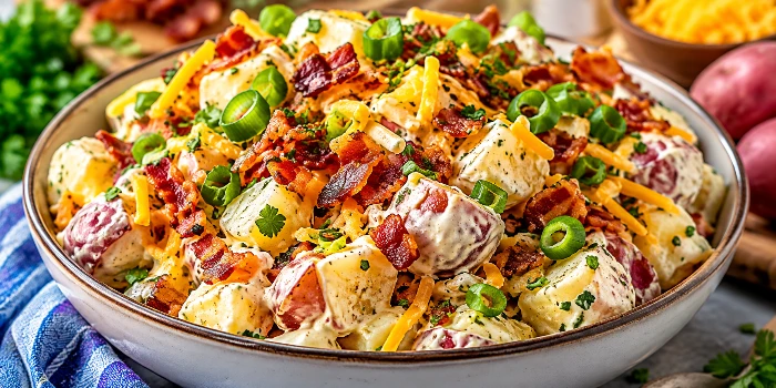 Creamy loaded baked potato salad with crispy bacon, shredded cheddar cheese, fresh green onions, and tender potatoes, perfect for Christmas dinner, potlucks, BBQs, and family gatherings.