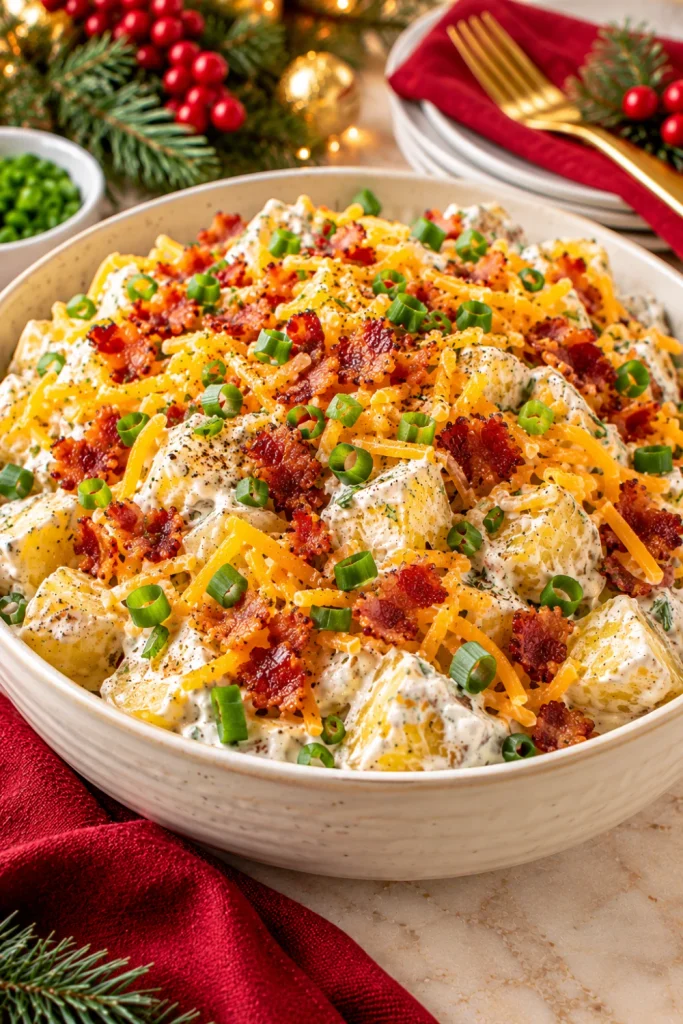 Easy loaded potato salad with Greek yogurt, crispy bacon, shredded cheddar cheese, tender potatoes, Dijon mustard, and fresh green onions for a lighter, creamy holiday side dish.