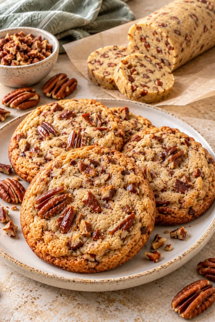 Brown butter pecan slice-and-bake cookies with toasted pecan pieces and golden edges, and make-ahead cookie dough prepared for convenient homemade baking.