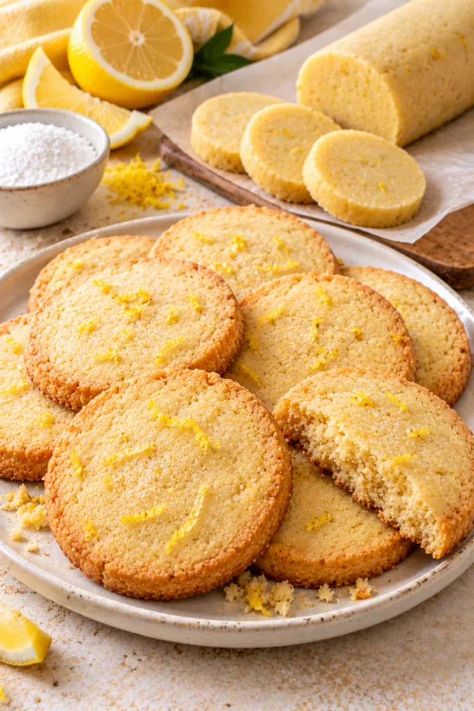 Buttery lemon shortbread slice-and-bake cookies with golden edges, fresh lemon zest, and a delicate crumbly texture, and make-ahead cookie dough ready for baking.