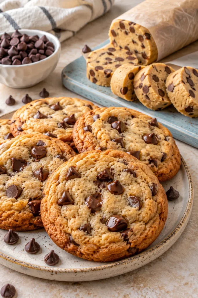 Easy make-ahead chocolate chip slice-and-bake cookies with golden edges, melted chocolate chips, and chilled cookie dough ready for homemade baking.