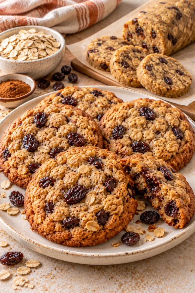 Cinnamon oatmeal raisin slice-and-bake cookies with rolled oats, plump raisins, warm cinnamon coloring, and prepared cookie dough for easy homemade baking.