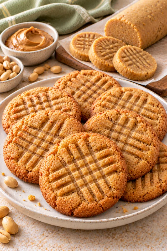 Classic peanut butter slice-and-bake cookies with golden-brown edges, creamy peanut butter flavor, traditional fork-made crosshatch patterns, and chilled make-ahead cookie dough.