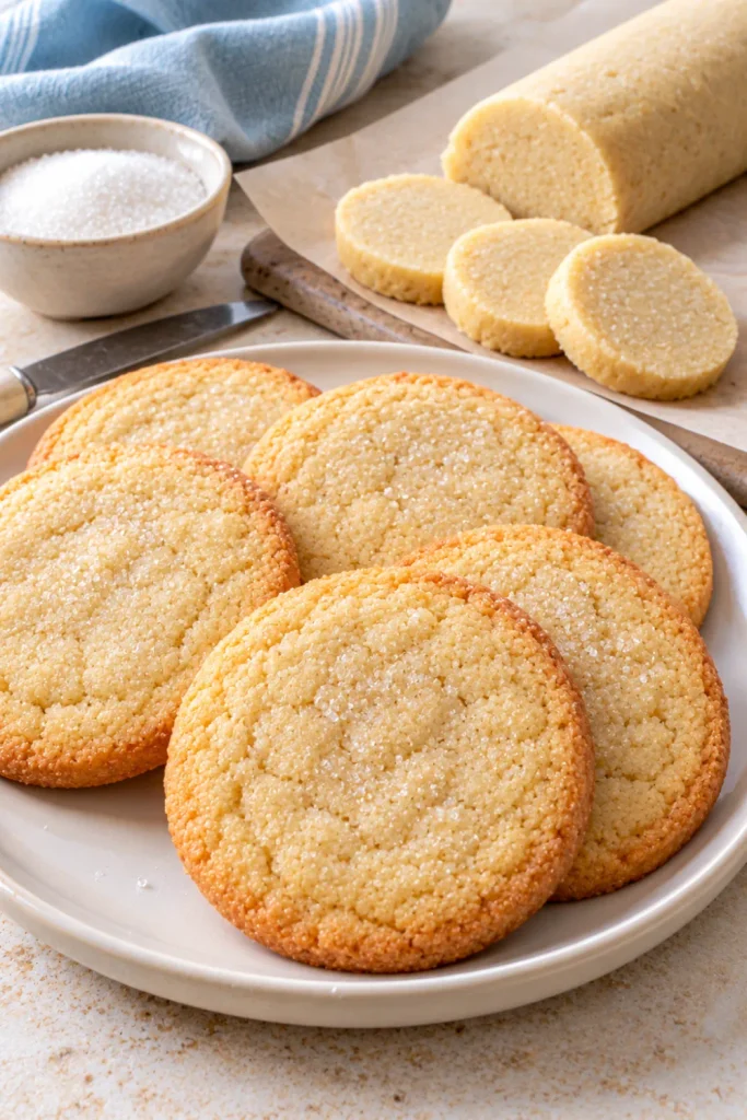 Classic vanilla sugar slice-and-bake cookies with lightly golden edges, sparkling sugar crystals, and make-ahead cookie dough ready for baking.