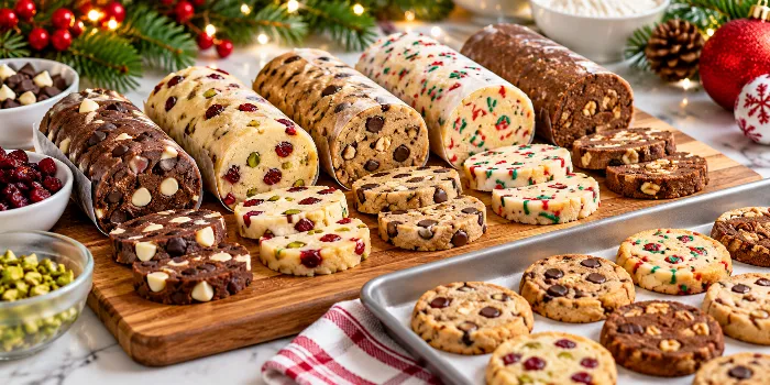 Easy make-ahead cookie dough recipes to slice and bake, featuring chocolate chip, cranberry pistachio, festive sprinkle, and nut-filled cookie dough logs with freshly sliced cookies ready for baking.