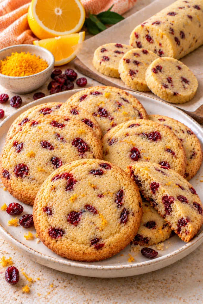 Cranberry orange slice-and-bake cookies with dried cranberries, fresh orange zest, golden edges, and chilled cookie dough for easy homemade baking.