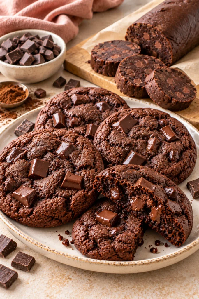 Double chocolate slice-and-bake cookies with rich cocoa dough, melted chocolate chunks, fudgy-looking centers, and chilled dough ready to bake.