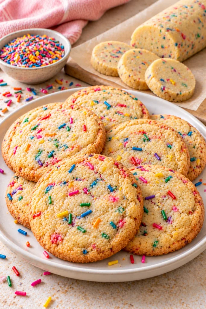 Funfetti sprinkle slice-and-bake cookies with colorful rainbow sprinkles, golden buttery edges, and soft vanilla centers, and make-ahead cookie dough for celebrations.