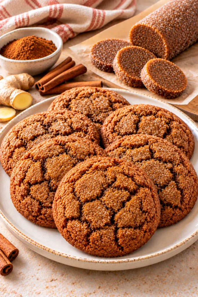 Spiced ginger molasses slice-and-bake cookies with crackled golden-brown surfaces, warming cinnamon and ginger spices, and make-ahead cookie dough ready to bake.