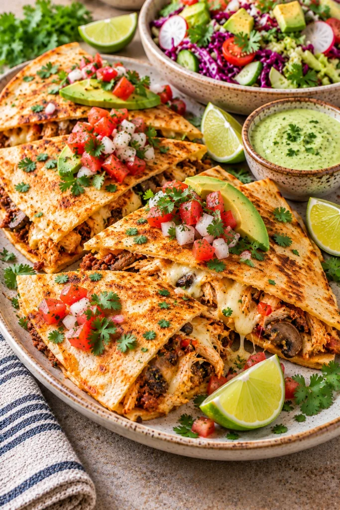 Golden Mexican street-style quesadillas filled with melted cheese and chicken with fresh salsa, cilantro, avocado, and creamy lime dressing.