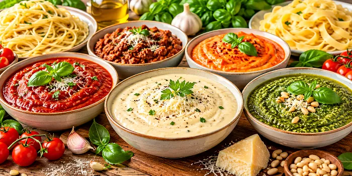 Easy pasta sauce recipes featuring creamy Alfredo, fresh basil pesto, rich tomato marinara, and hearty Bolognese sauces for delicious homemade pasta dinners.