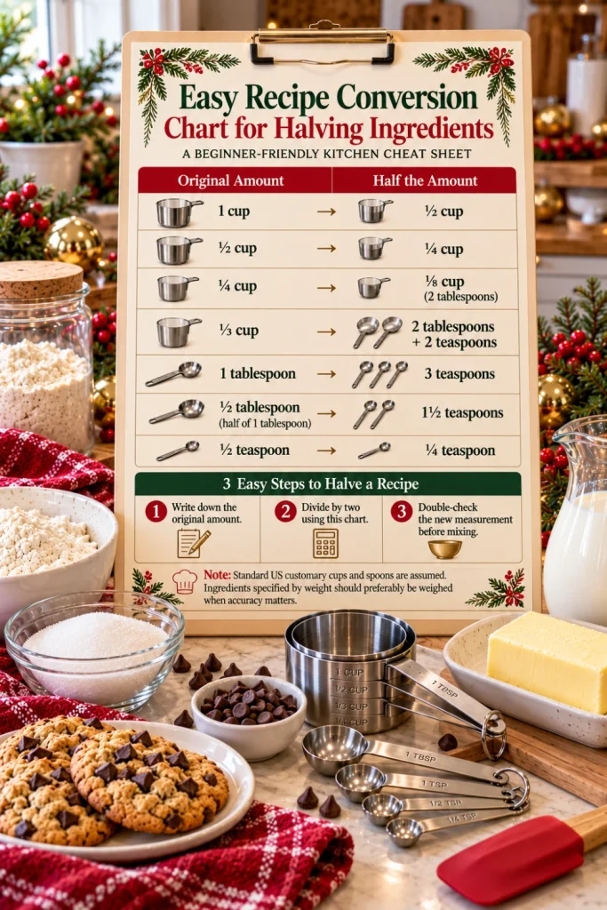 Easy Recipe Conversion Chart for Halving Ingredients: A beginner cheat sheet with cup fractions, tablespoon and teaspoon equivalents, standard measuring spoons, flour, sugar, and a colorful festive home baking setup.