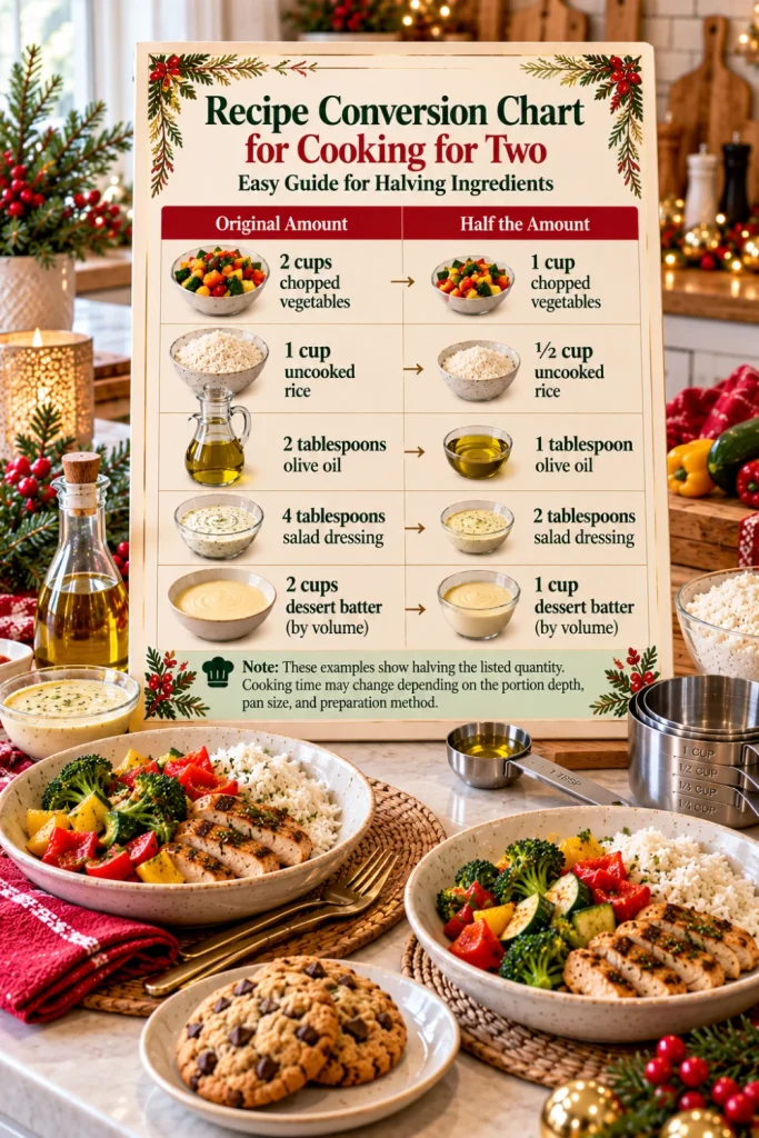 Easy Recipe Conversion Chart for Halving Ingredients for cooking for two, showing smaller measurements for vegetables, rice, olive oil, salad dressing, and desserts with modern kitchen cutlery and festive Christmas table styling.