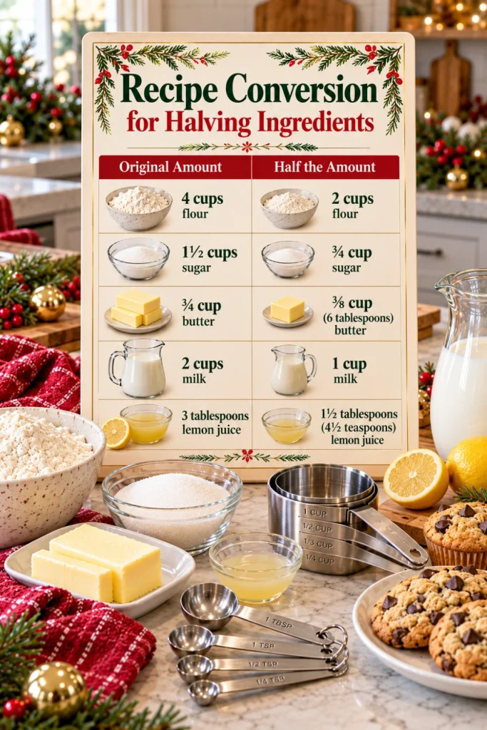 Easy Recipe Conversion Chart for Halving Ingredients with original and reduced measurements for flour, sugar, butter, and milk, featuring modern measuring utensils, ceramic ingredient bowls, and festive red, green, and gold kitchen styling.