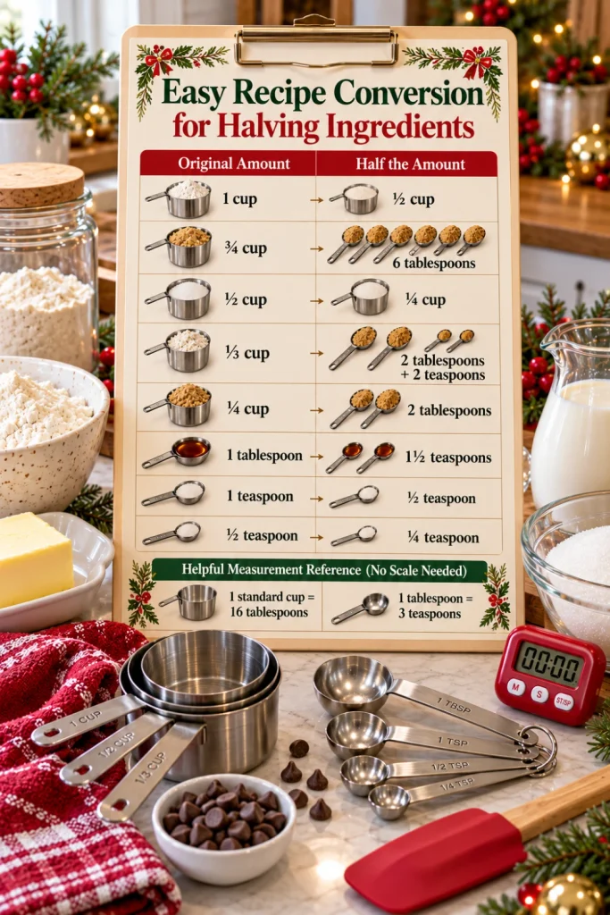 Easy Recipe Conversion Chart for Halving Ingredients without a kitchen scale, showing cup, tablespoon, and teaspoon measurements alongside stainless-steel measuring cups, measuring spoons, flour, sugar, butter, and festive Christmas baking ingredients.