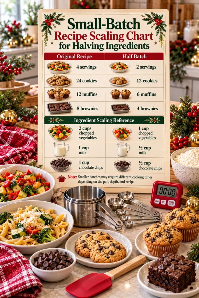 Easy Recipe Conversion Chart for Halving Ingredients featuring small-batch measurements for pasta, cookies, muffins, cakes, and desserts, with modern measuring cups, fresh ingredients, and colorful Christmas kitchen decorations.