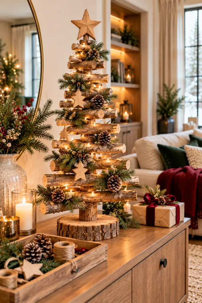 Easy rustic log Christmas tree DIY made from natural wooden branches on a sturdy base, styled with simple ornaments and warm LED fairy lights in a modern farmhouse home.