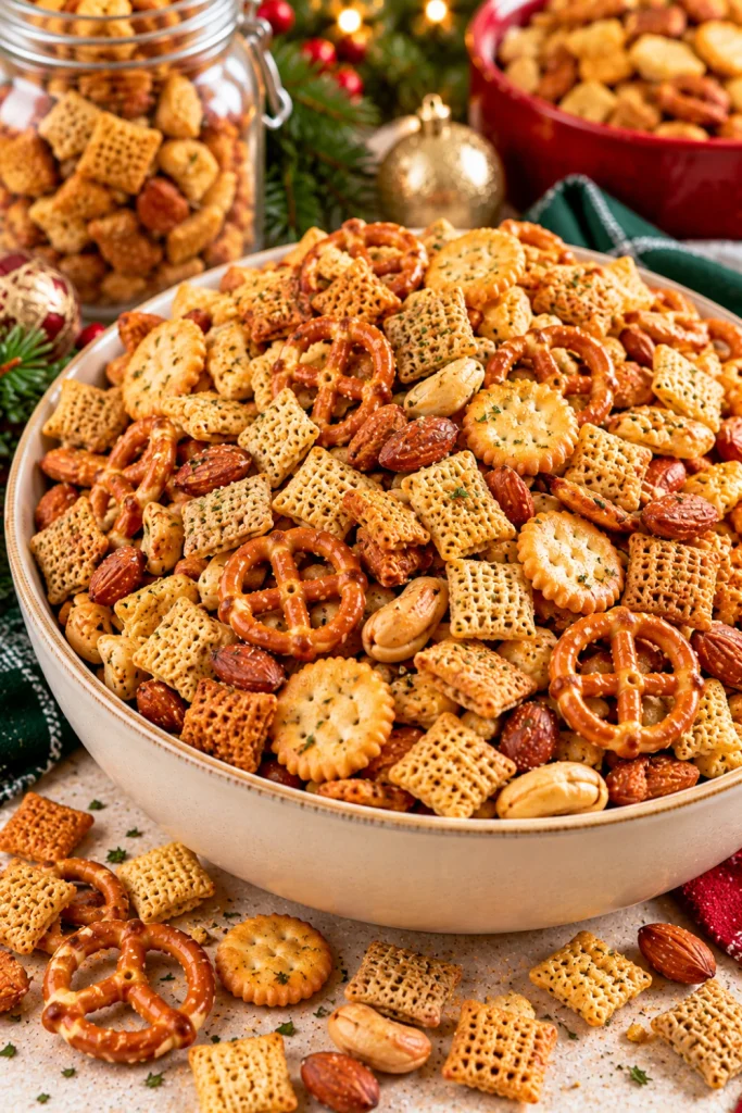 Easy savory ranch Christmas party mix featuring seasoned square cereal, crunchy mini pretzels, bite-sized crackers, roasted nuts, and ranch herbs in a festive bowl for holiday entertaining.