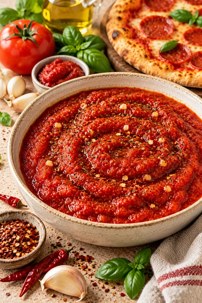 Easy spicy homemade pizza sauce made with crushed tomatoes, garlic, tomato paste, oregano, olive oil, and red pepper flakes for a bold homemade pizza topping.
