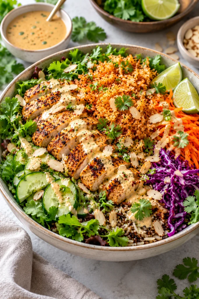 Colorful Sweetgreen-inspired crispy rice copycat bowl with crunchy vegetables, fresh greens, tender chicken, golden crispy rice, herbs, and creamy cashew dressing photographed in a modern kitchen.