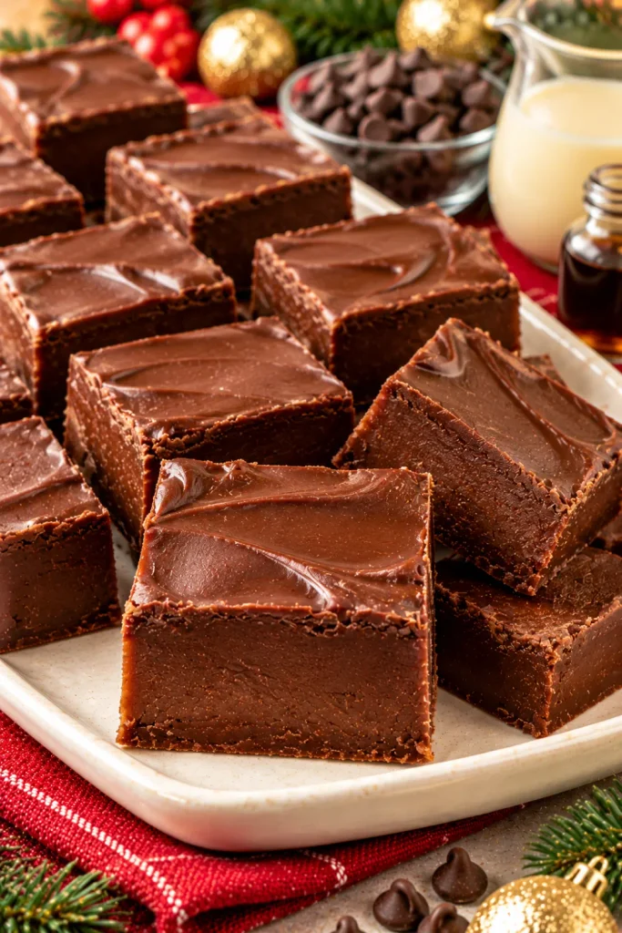 Easy three-ingredient Christmas fudge made with semi-sweet chocolate chips, sweetened condensed milk, and vanilla extract, cut into rich chocolate squares for simple holiday treats.