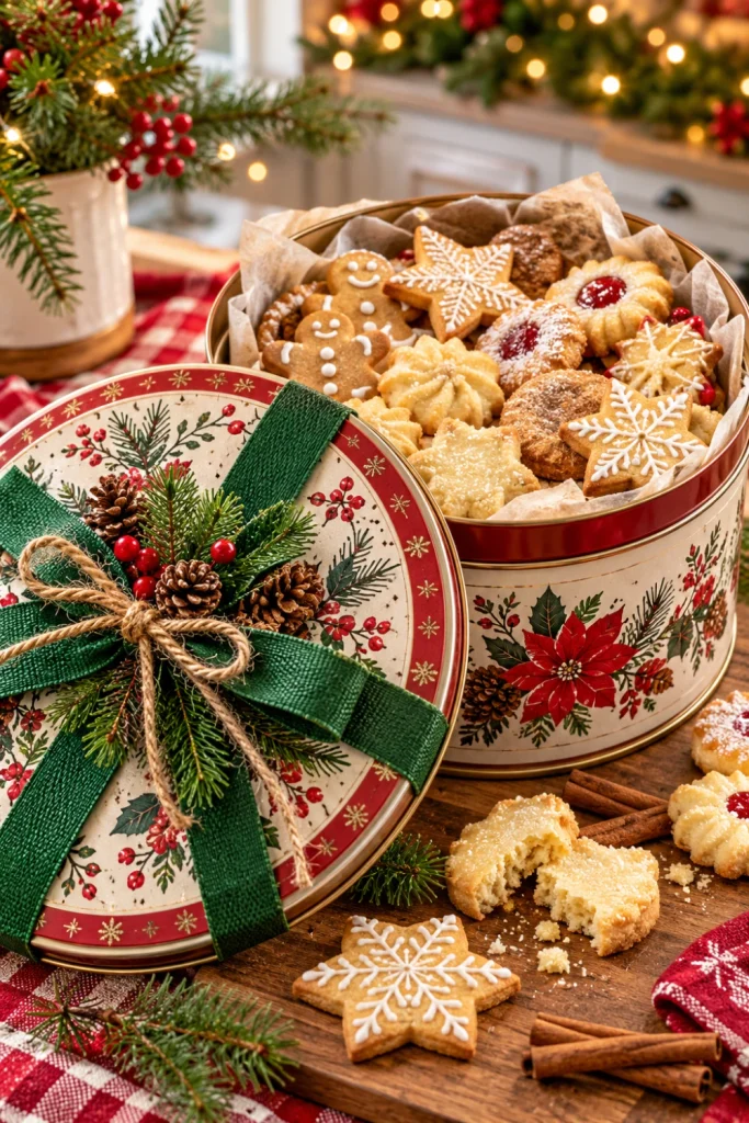 Easy upcycled Christmas cookie tins to gift, decorated with rustic red and green ribbon, natural twine, evergreen sprigs, and homemade gingerbread and shortbread cookies for festive holiday gifting.