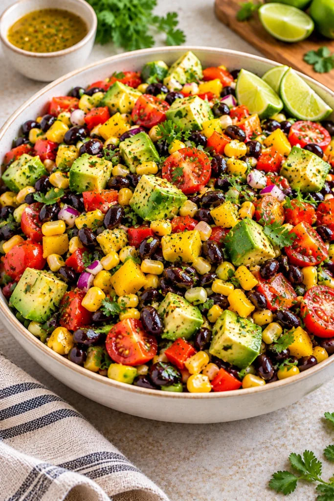 Bright avocado, black bean, and corn dinner salad with tomatoes, bell pepper, cilantro, and lime dressing in a modern shallow ceramic bowl.