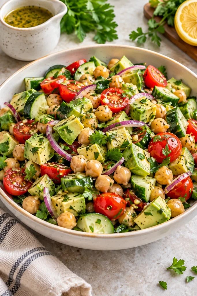Ultra-realistic close-up of a chickpea, cucumber, and avocado dinner salad in a modern shallow ceramic bowl, with cherry tomatoes, red onion, parsley and lemon-herb dressing.
