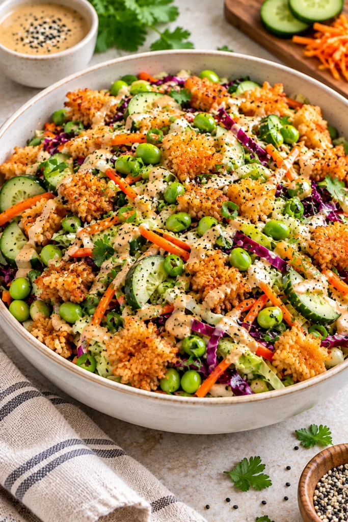 Ultra-realistic crispy rice, cucumber and cabbage dinner salad with carrots, edamame, fresh herbs and creamy sesame-ginger dressing in a modern bowl.