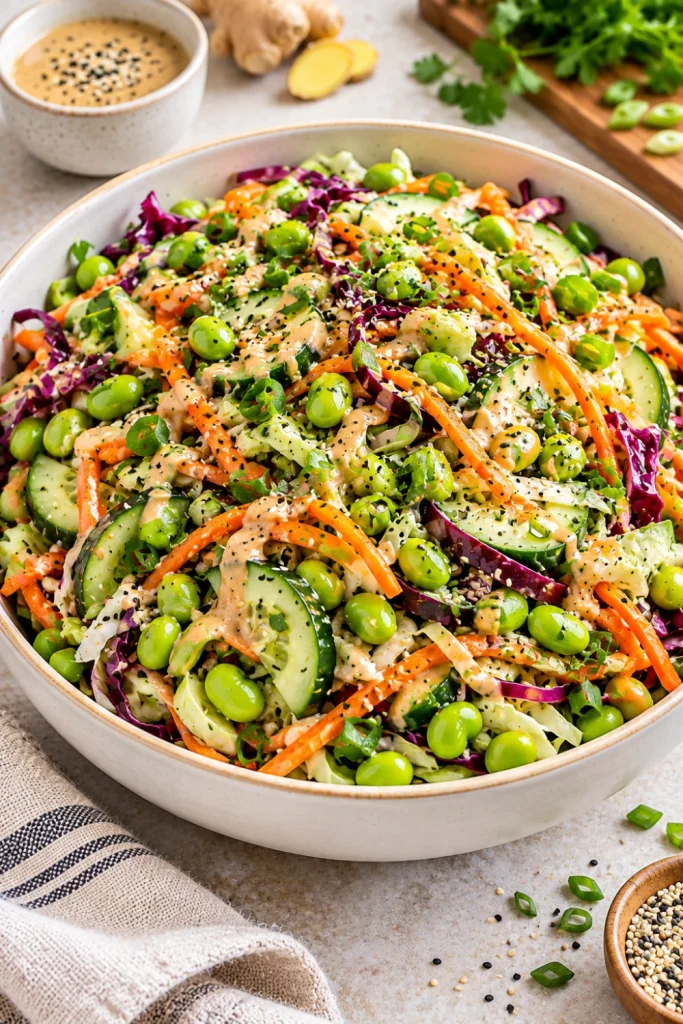 Colorful edamame crunch dinner salad with shredded cabbage, carrots, cucumber, scallions, sesame seeds, and creamy sesame-ginger dressing.