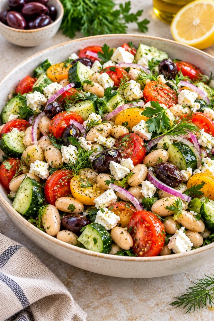 Greek-inspired white bean dinner salad with cucumber, tomatoes, red onion, olives, feta, herbs, and lemon dressing in a modern ceramic bowl.