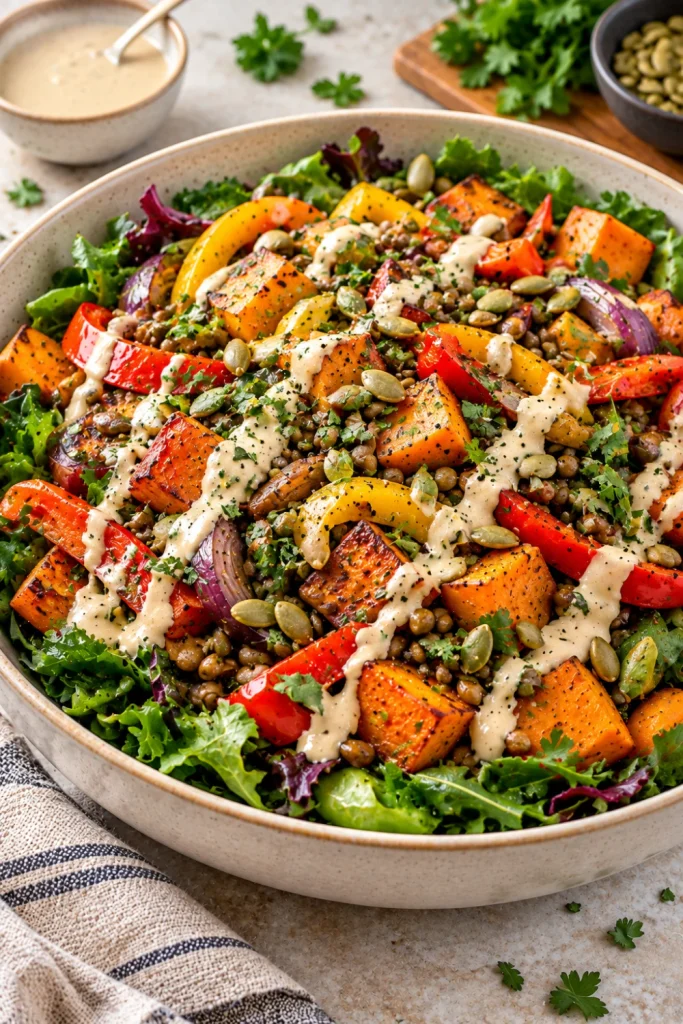 Hearty high-protein lentil salad with roasted sweet potato, carrots, peppers, leafy greens, pumpkin seeds, and creamy tahini dressing.