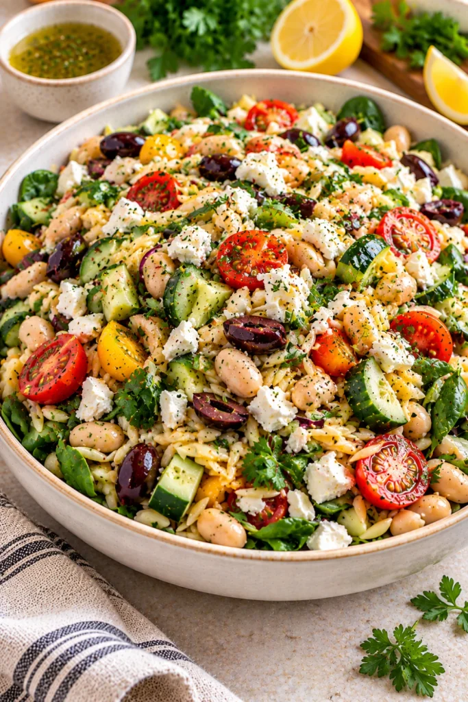 Mediterranean orzo and white bean dinner salad with cherry tomatoes, cucumber, spinach, olives, feta, and fresh herbs in a modern bowl.