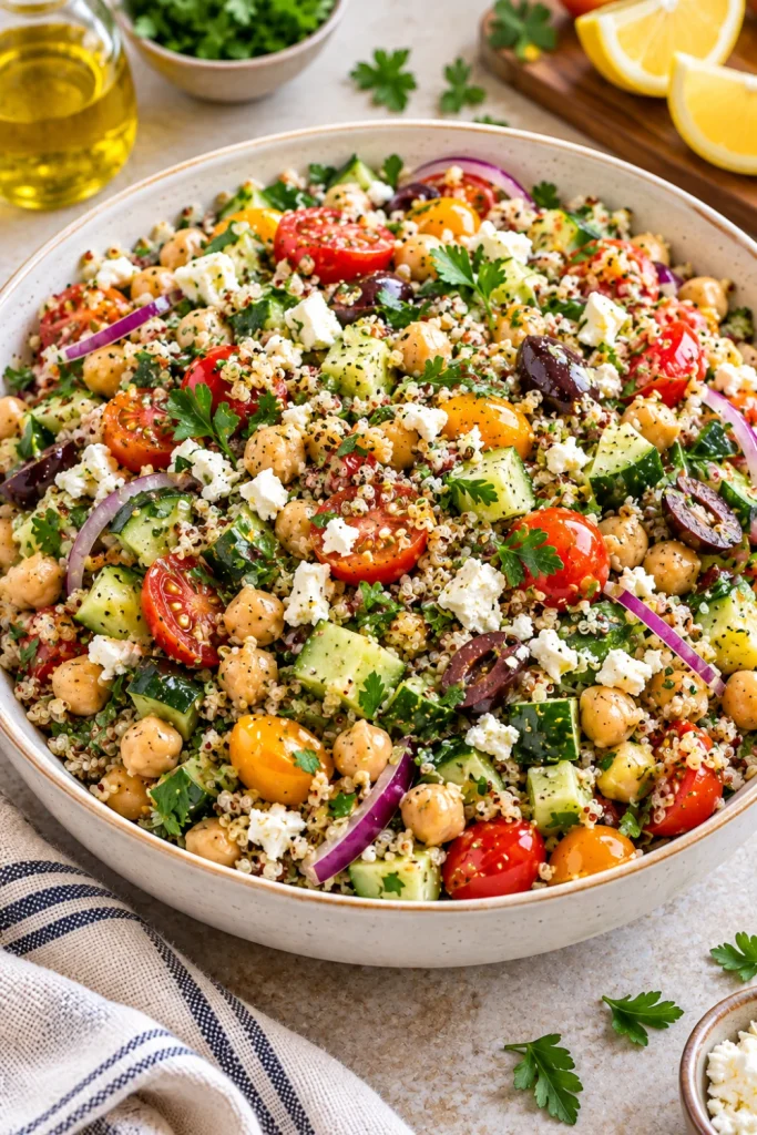 Colorful Mediterranean quinoa and chickpea dinner salad with cucumber, tomatoes, olives, red onion, parsley, and feta in a modern bowl.