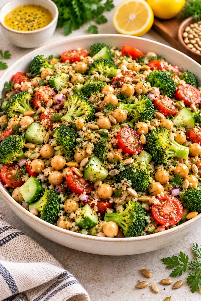 Crunchy no-lettuce broccoli, chickpea, and quinoa dinner salad with cucumber, tomatoes, fresh herbs and sunflower seeds.