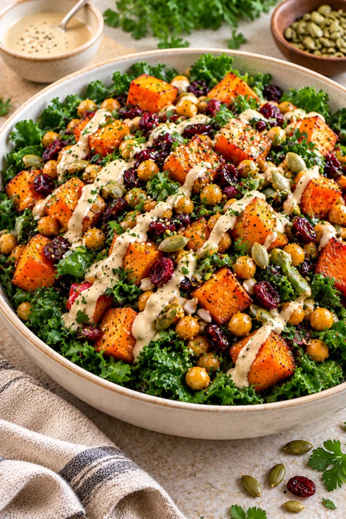 Warm roasted sweet potato and kale dinner salad with chickpeas, dried cranberries, toasted seeds, and creamy tahini dressing.