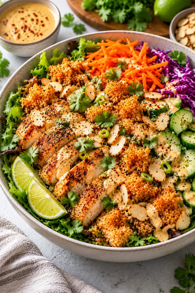 Easy weeknight Sweetgreen-style crispy rice bowl with mixed greens, golden crispy rice, chicken or tofu, cucumber, shredded cabbage, carrots, almonds, lime, and creamy cashew dressing.
