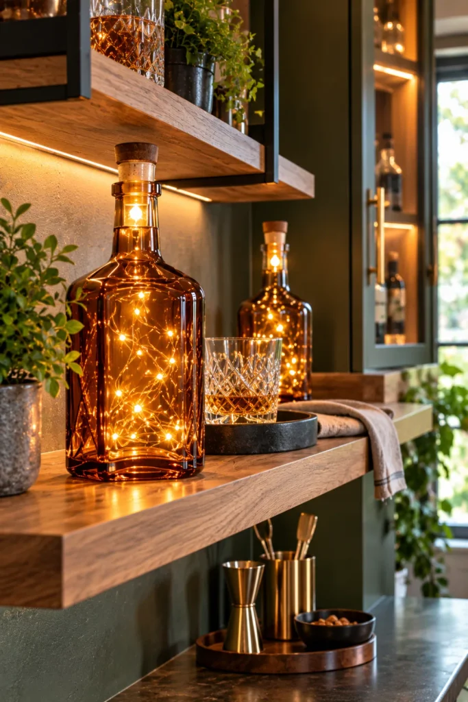 Easy whiskey bottle fairy lights for cozy home bars featuring a glowing amber bottle with delicate warm LEDs on a compact modern bar shelf.